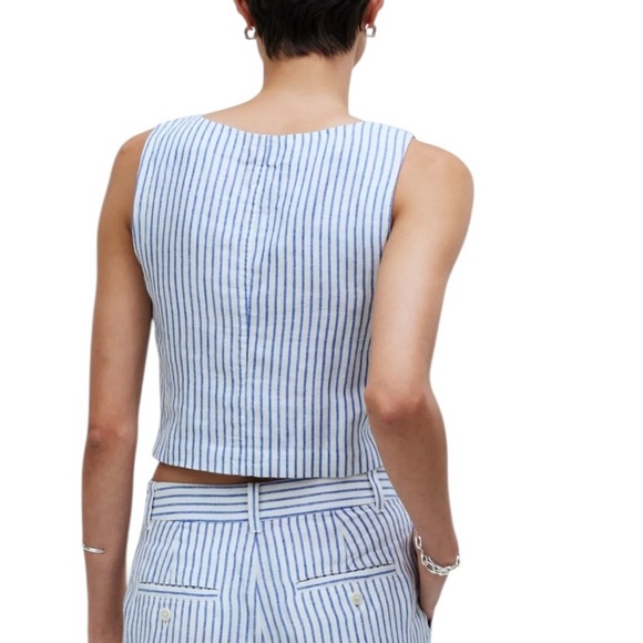 Madewell 100% Linen Scoopneck Stripe Crop Tank in Bluestone Size M - Picture 3 of 12